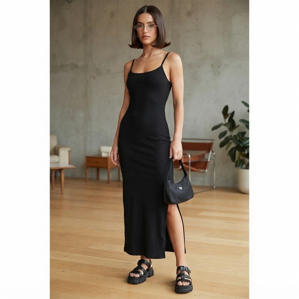 Womens XL Black Ribbed Midi Dress Side Slit Minimalist Neutral 90s y2k Preppy